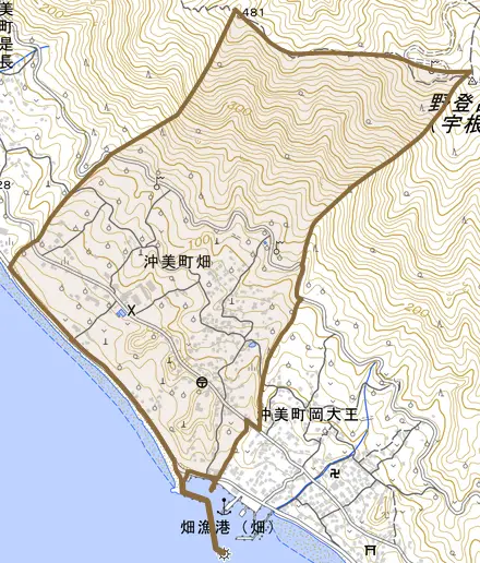 沖美町畑とその周辺の地図。町の範囲を重ねている