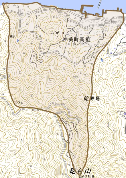 沖美町高祖とその周辺の地図。町の範囲を重ねている