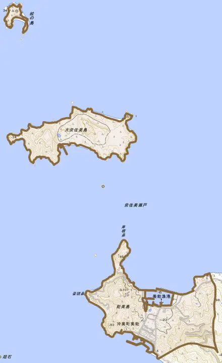 沖美町美能とその周辺の地図。町の範囲を重ねている