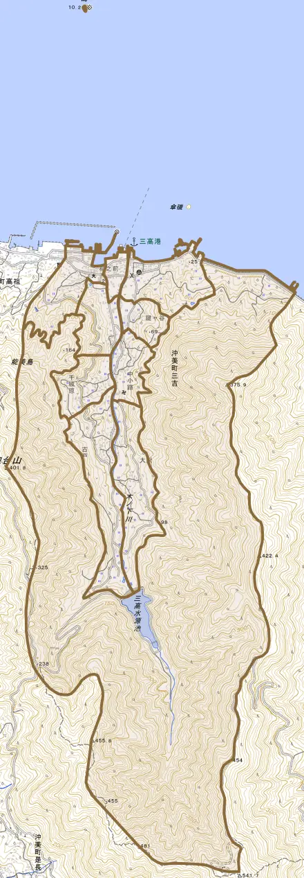 沖美町三吉とその周辺の地図。町の範囲を重ねている