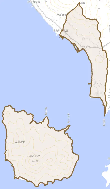 沖美町岡大王とその周辺の地図。町の範囲を重ねている