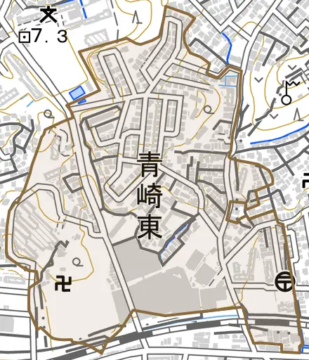 青崎東とその周辺の地図。町の範囲を重ねている