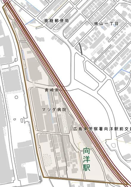 青崎南とその周辺の地図。町の範囲を重ねている