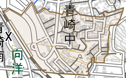青崎中とその周辺の地図。町の範囲を重ねている