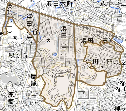 浜田とその周辺の地図。町の範囲を重ねている
