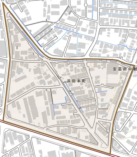 浜田本町とその周辺の地図。町の範囲を重ねている