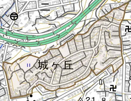 城ヶ丘とその周辺の地図。町の範囲を重ねている