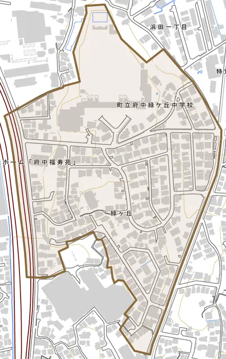 緑ヶ丘とその周辺の地図。町の範囲を重ねている