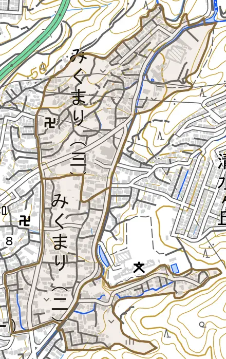 みくまりとその周辺の地図。町の範囲を重ねている