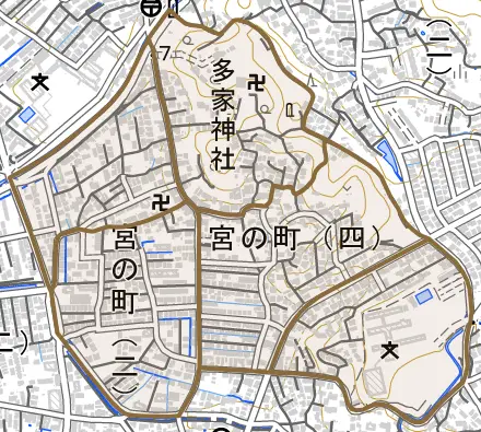 宮の町とその周辺の地図。町の範囲を重ねている
