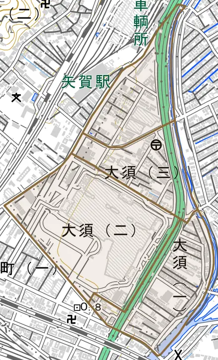 大須とその周辺の地図。町の範囲を重ねている
