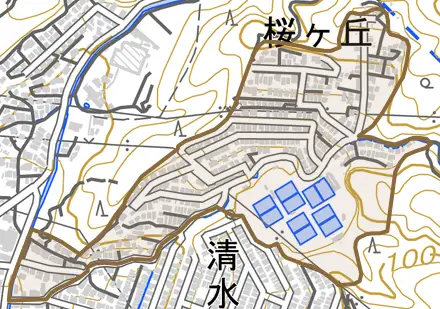 桜ヶ丘とその周辺の地図。町の範囲を重ねている