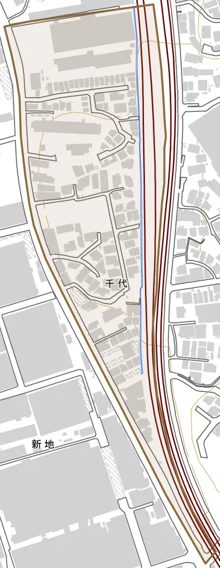 千代とその周辺の地図。町の範囲を重ねている
