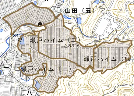 瀬戸ハイムとその周辺の地図。町の範囲を重ねている