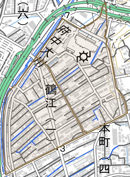 鶴江とその周辺の地図。町の範囲を重ねている