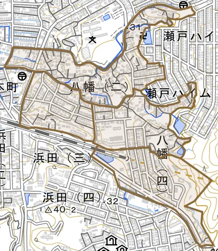 八幡とその周辺の地図。町の範囲を重ねている