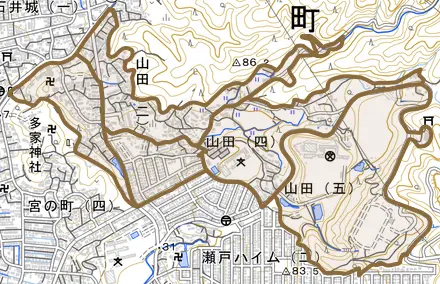 山田とその周辺の地図。町の範囲を重ねている