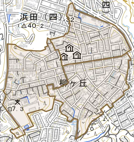 柳ヶ丘とその周辺の地図。町の範囲を重ねている