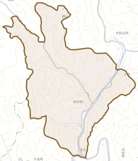 阿字町とその周辺の地図。町の範囲を重ねている