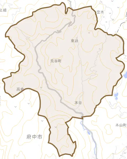 荒谷町とその周辺の地図。町の範囲を重ねている