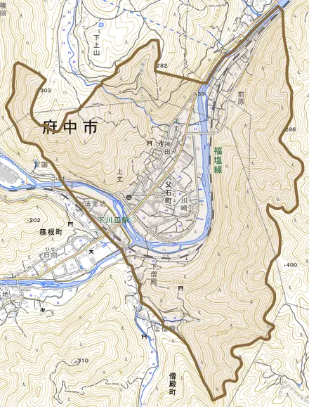 父石町とその周辺の地図。町の範囲を重ねている