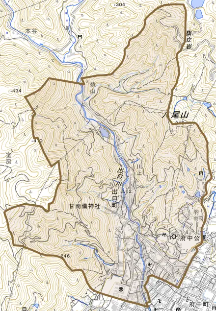 出口町とその周辺の地図。町の範囲を重ねている