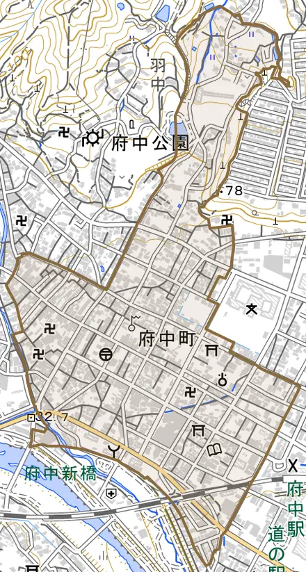 府中町とその周辺の地図。町の範囲を重ねている