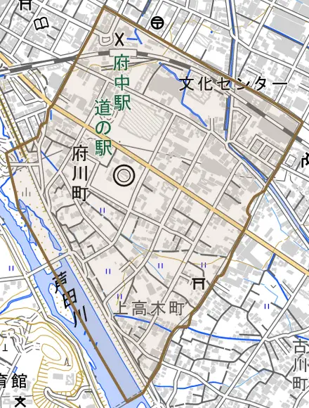 府川町とその周辺の地図。町の範囲を重ねている