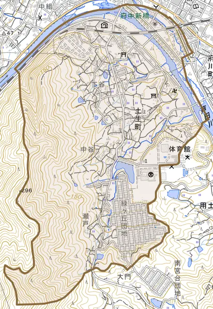 土生町とその周辺の地図。町の範囲を重ねている