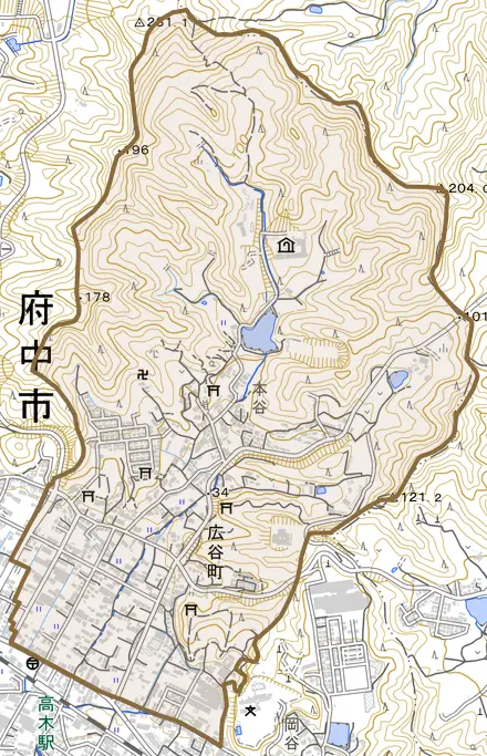 広谷町とその周辺の地図。町の範囲を重ねている