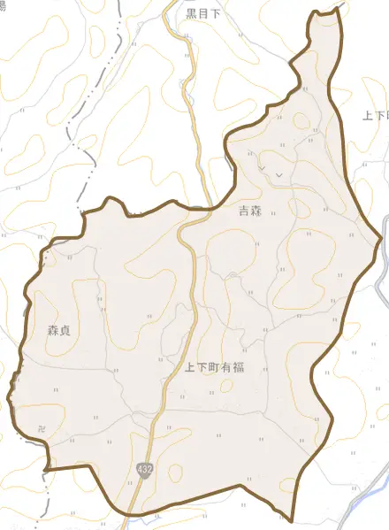 上下町有福とその周辺の地図。町の範囲を重ねている