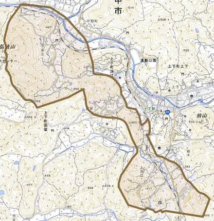 上下町深江とその周辺の地図。町の範囲を重ねている