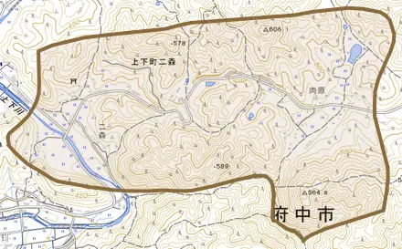 上下町二森とその周辺の地図。町の範囲を重ねている