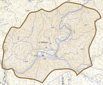 上下町井永とその周辺の地図。町の範囲を重ねている