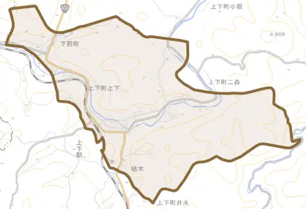上下町上下とその周辺の地図。町の範囲を重ねている