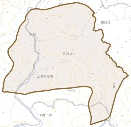 上下町小堀とその周辺の地図。町の範囲を重ねている