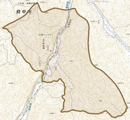 上下町松崎とその周辺の地図。町の範囲を重ねている