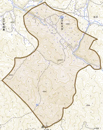 上下町水永とその周辺の地図。町の範囲を重ねている