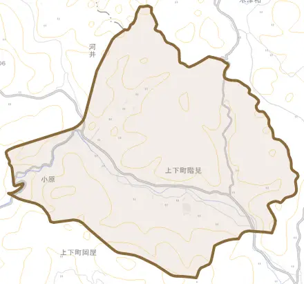 上下町階見とその周辺の地図。町の範囲を重ねている