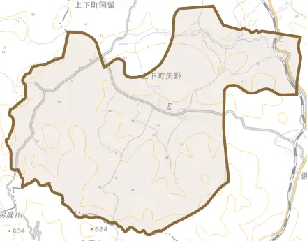 上下町矢野とその周辺の地図。町の範囲を重ねている