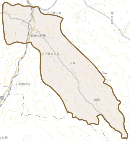上下町矢多田とその周辺の地図。町の範囲を重ねている