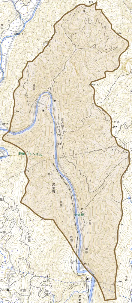河佐町とその周辺の地図。町の範囲を重ねている