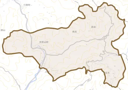 木野山町とその周辺の地図。町の範囲を重ねている