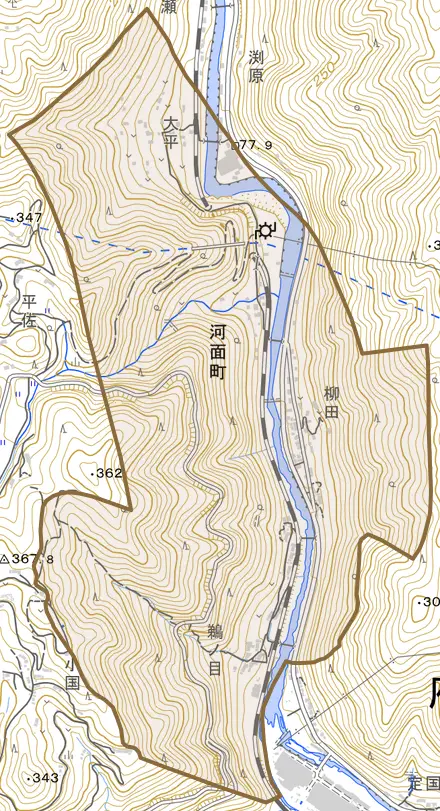 河面町とその周辺の地図。町の範囲を重ねている