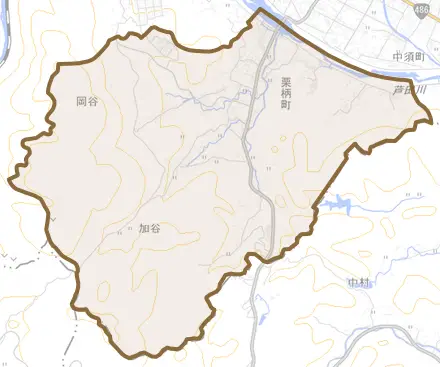 栗柄町とその周辺の地図。町の範囲を重ねている