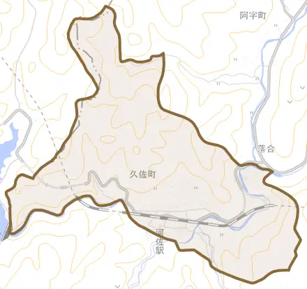 久佐町とその周辺の地図。町の範囲を重ねている