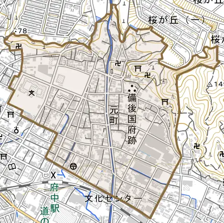 元町とその周辺の地図。町の範囲を重ねている