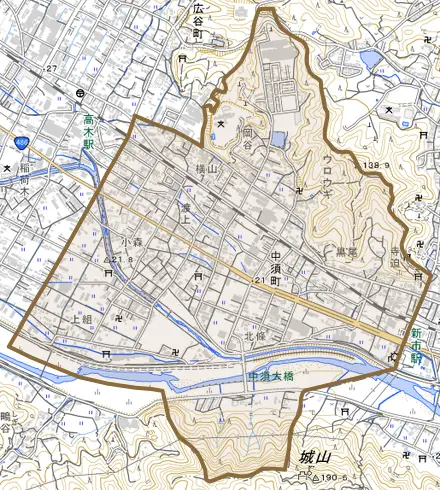 中須町とその周辺の地図。町の範囲を重ねている