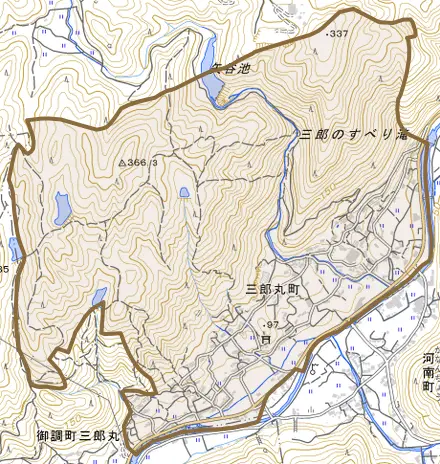 三郎丸町とその周辺の地図。町の範囲を重ねている
