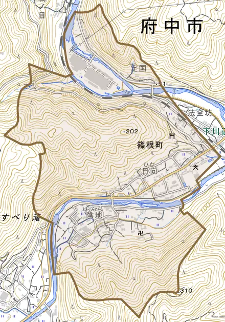 篠根町とその周辺の地図。町の範囲を重ねている